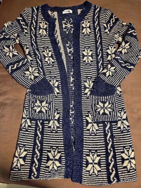 YUNA Geometric Cardigan in Blue & Cream Like New